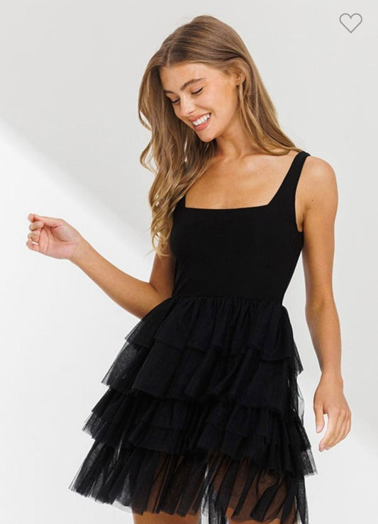 Black Tulle Ruffle Mini Dress